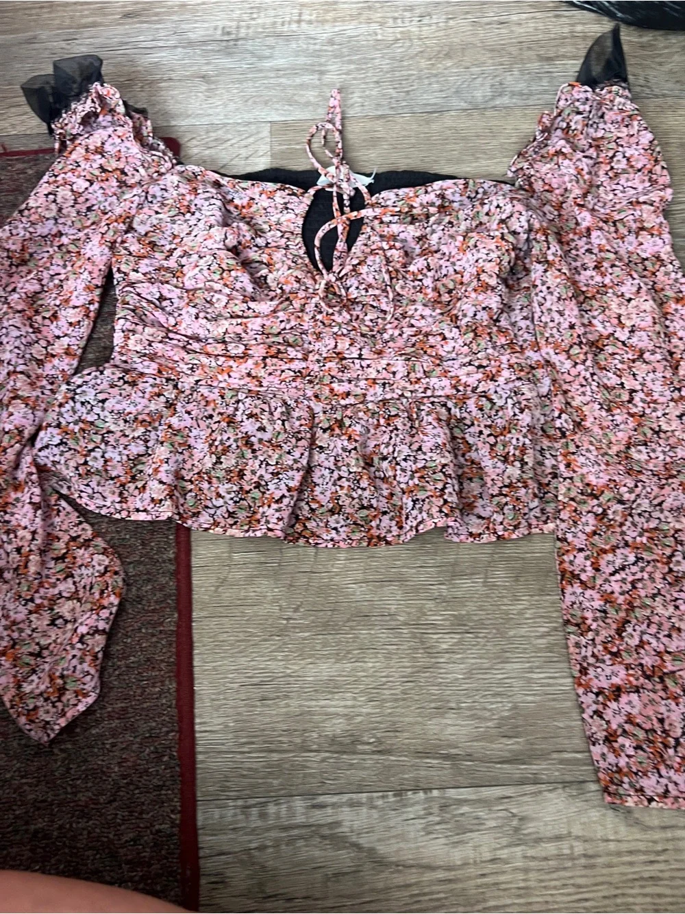Astr Pink Floral Puff-Sleeve Smocked Peplum Blouse